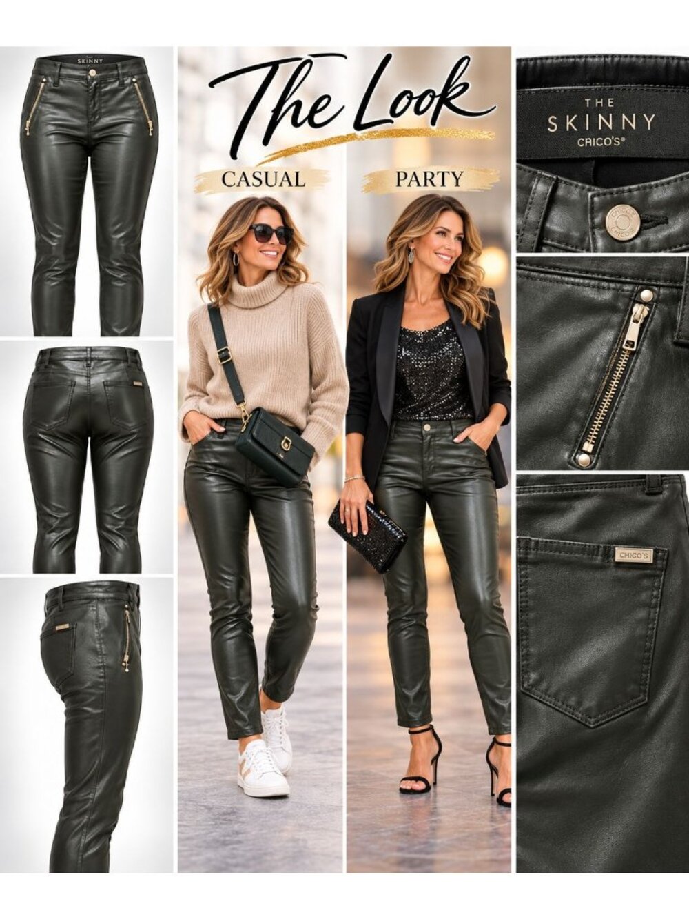 WHITE HOUSE BLACK MARKET Womens The Skinny Zip pockets Faux Leather green Size 6 - Picture 2 of 15
